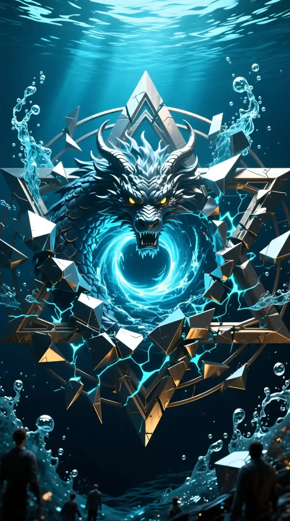 Chaotic ocean beast emblem with glowing vortex core