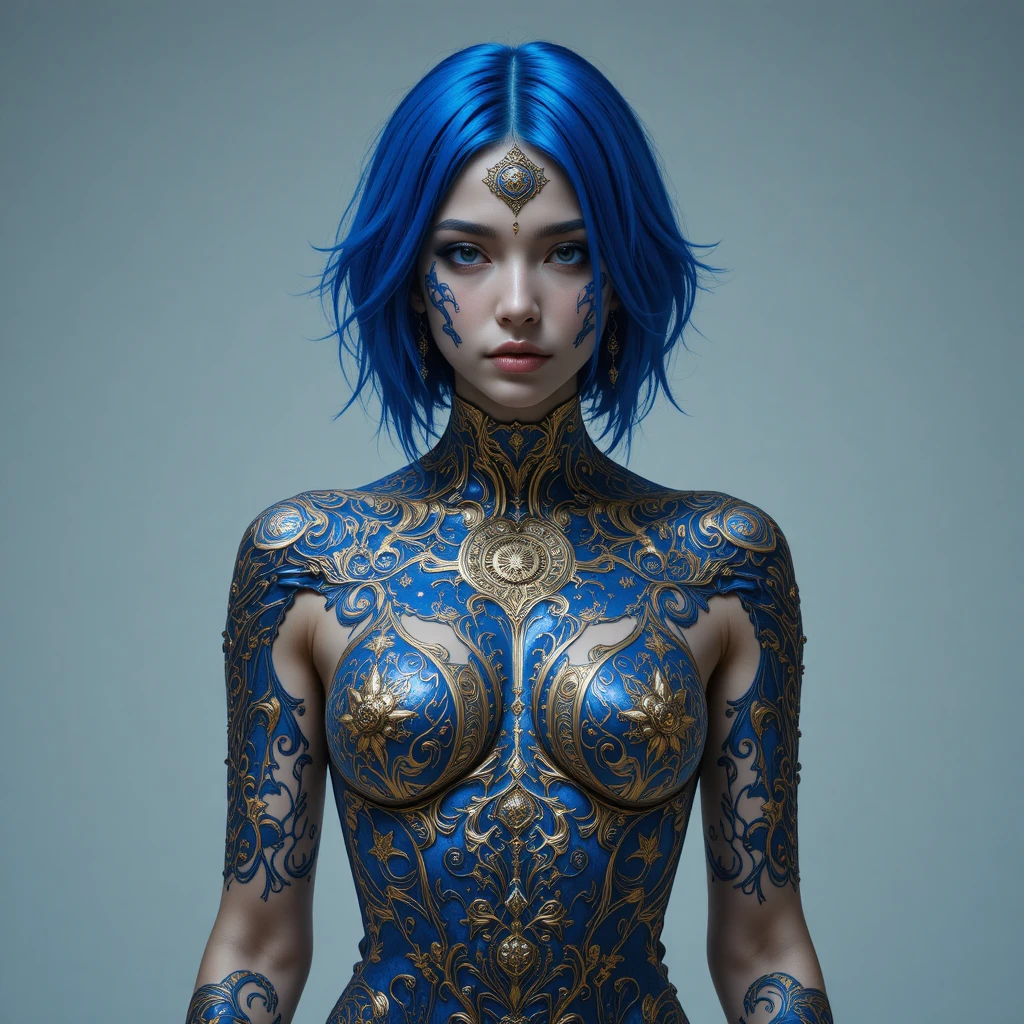 Donna cyberpunk con capelli blu cobalto e corpo metallico ornato