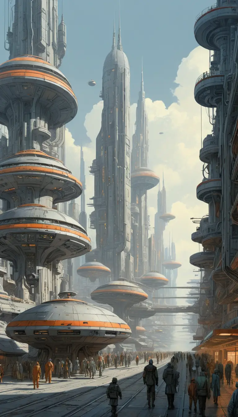Retrofuturistic cityscape of towering metallic sci fi structures