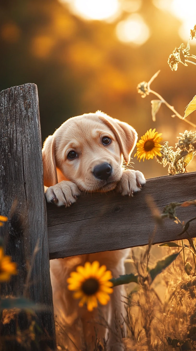 Cucciolo di labrador dorato alla staccionata al tramonto