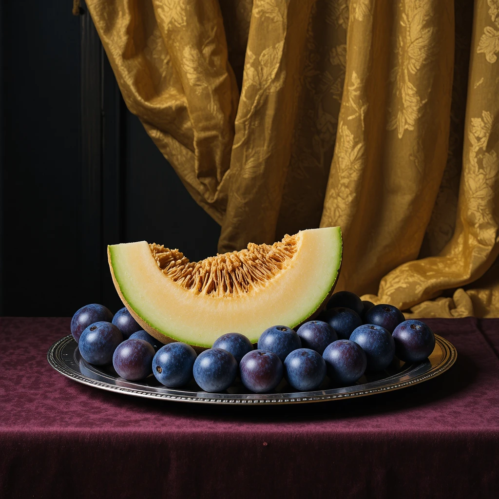 Bodegón de rodaja de melón y ciruelas en plato de plata
