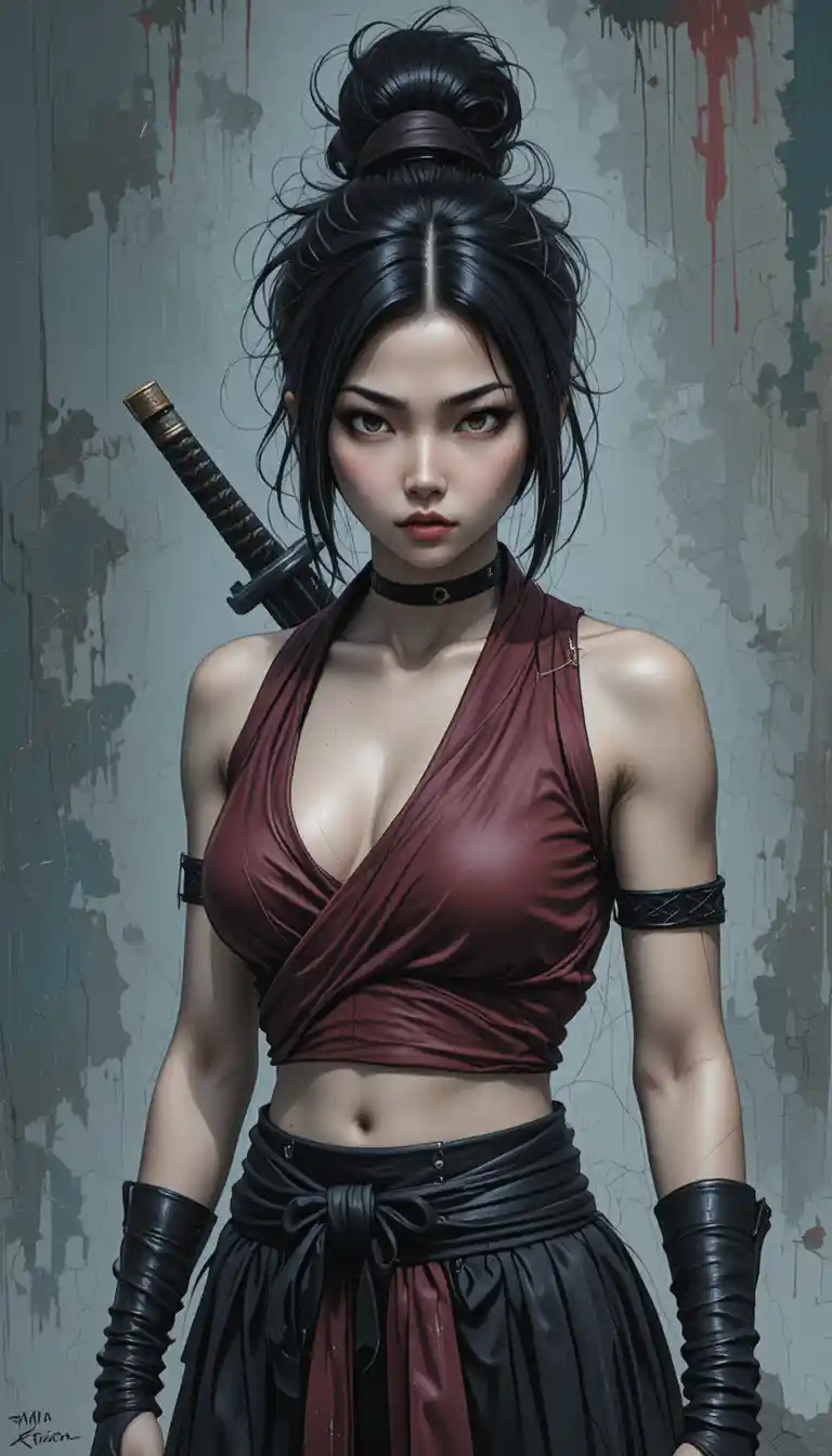어두운 연기 속 장면의 카타나를 든 아시아 여전사