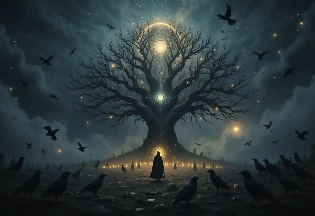 Ravens Encircling A Mystical Cosmic World Tree At Night