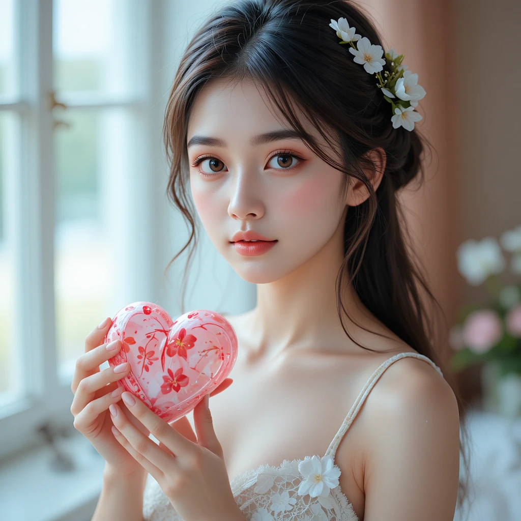 Young asian woman holding a heart shaped gift in soft light