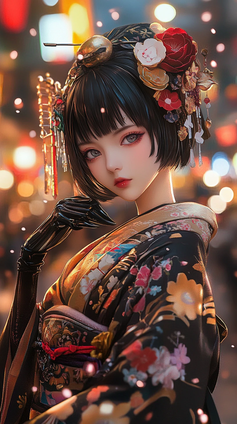 Heroína de anime tímida em quimono floral na rua de flores de cerejeira