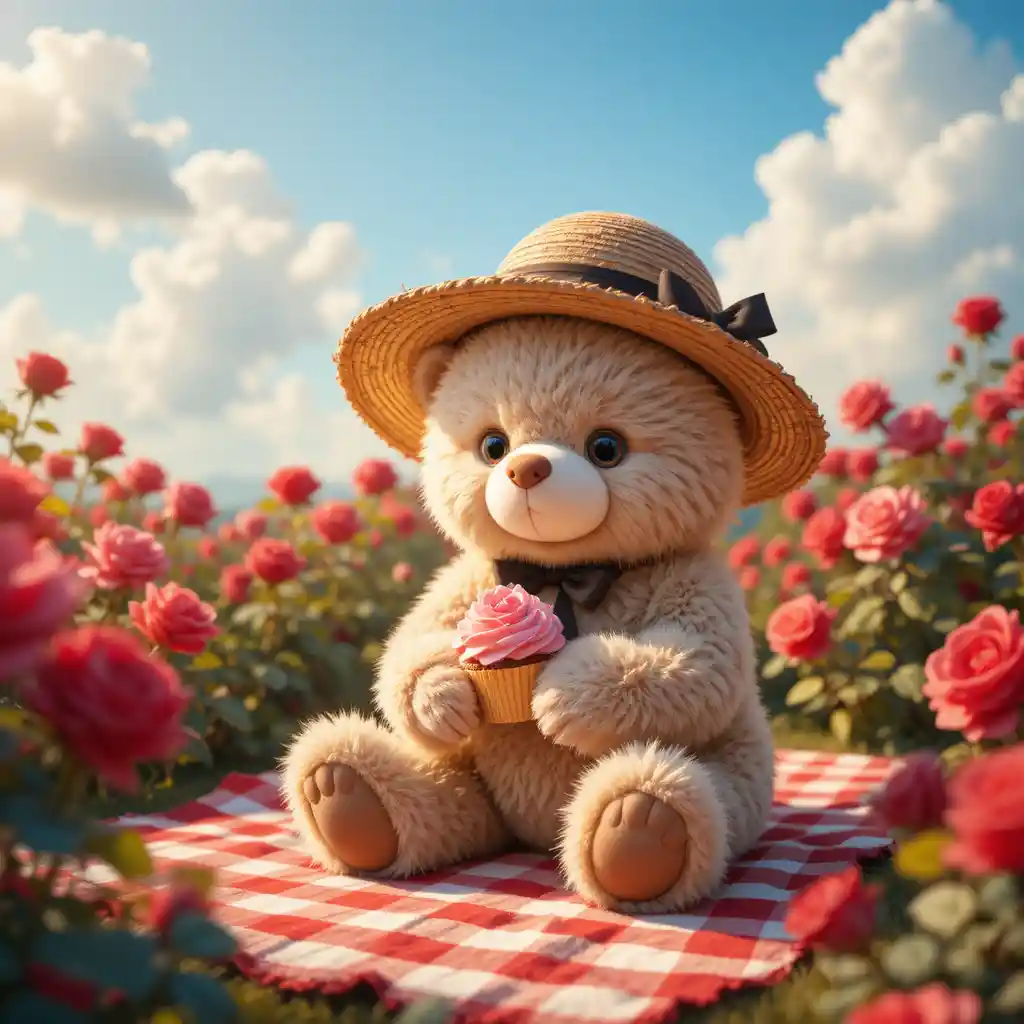 Cute teddy bear at a picnic in a blooming rose garden