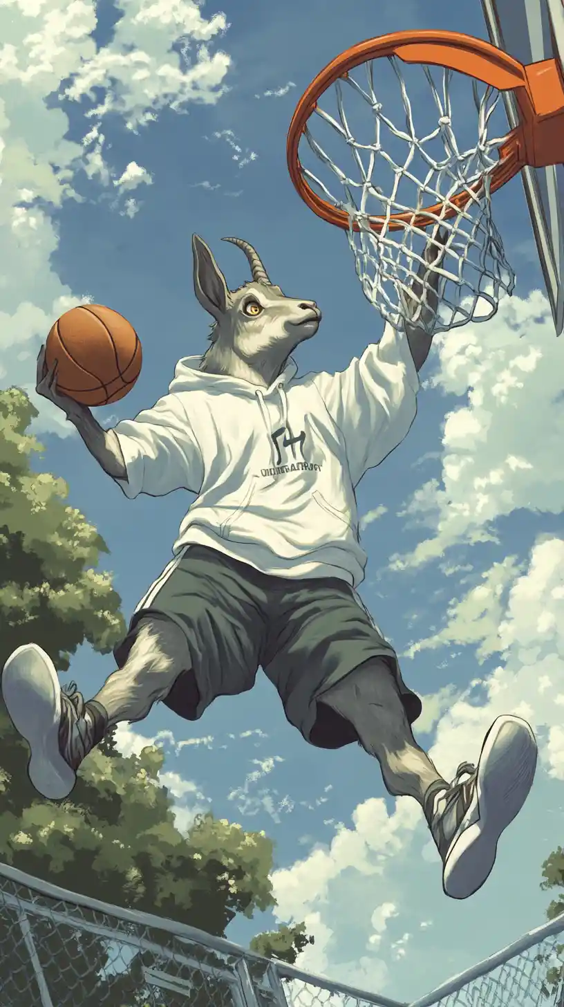 Cartoon goat athlete soaring for a powerful slam dunk