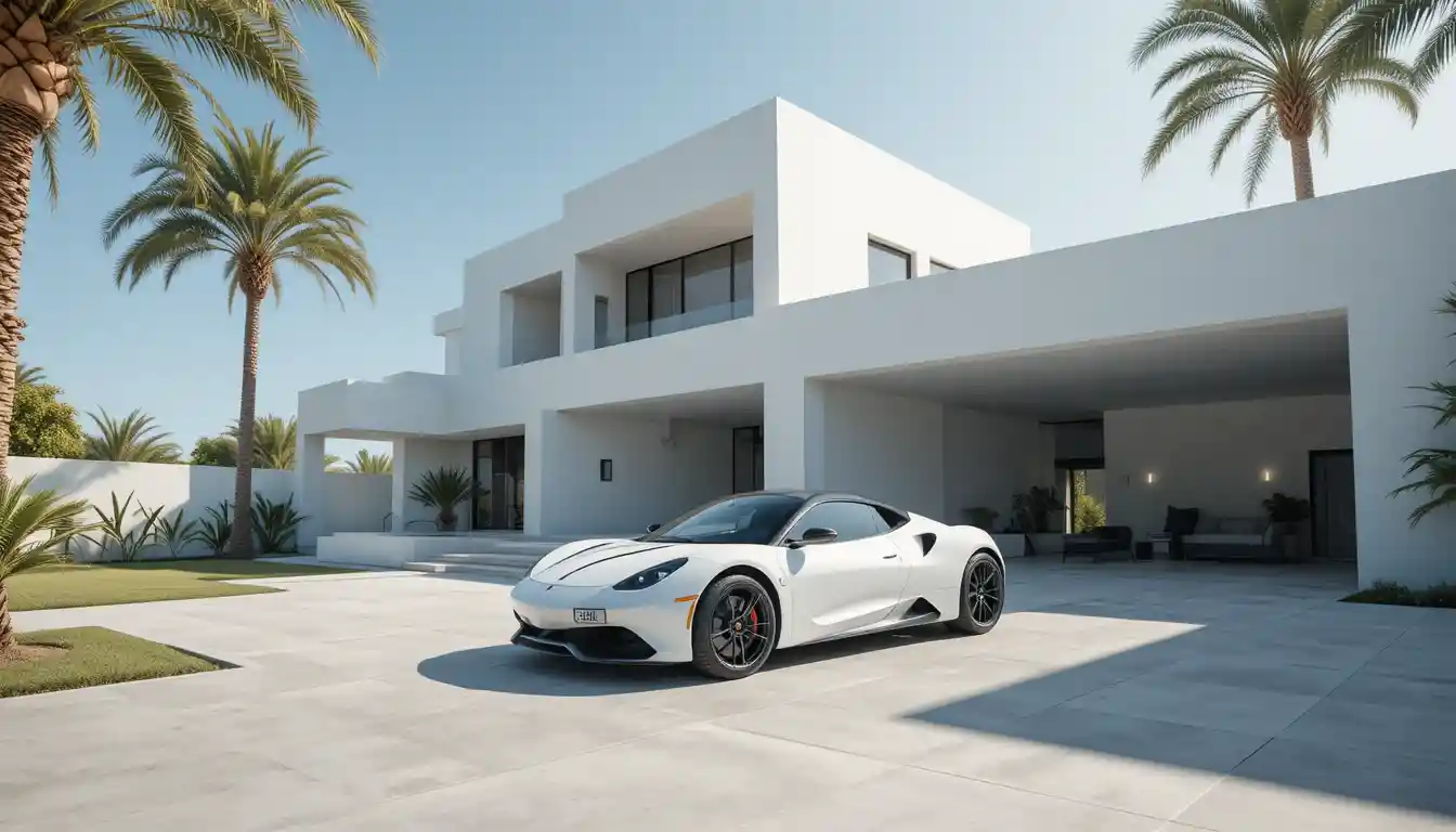 Modern white villa with luxury car under strong sunlight