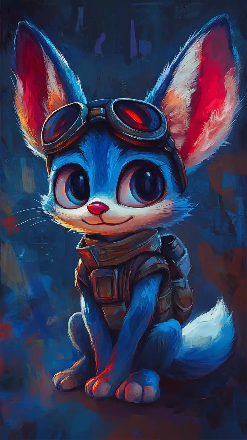 Festive cartoon blue fox in a dark urban postcard