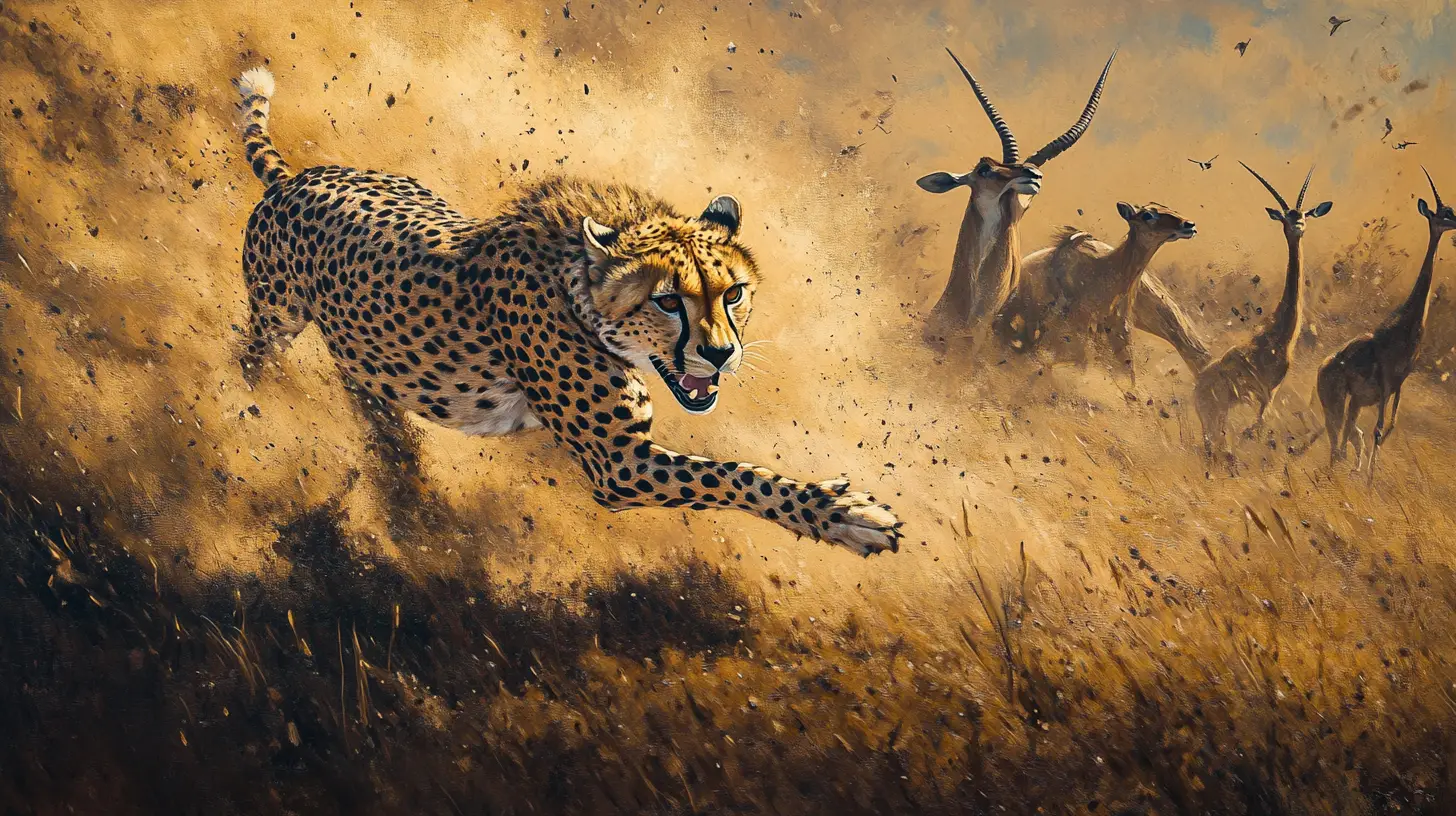 Cheetah Chasing Gazelle Across Dusty African Plains