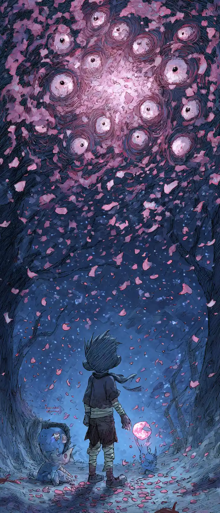 Boy Standing In Nighttime Storm Of Falling Cherry Blossoms