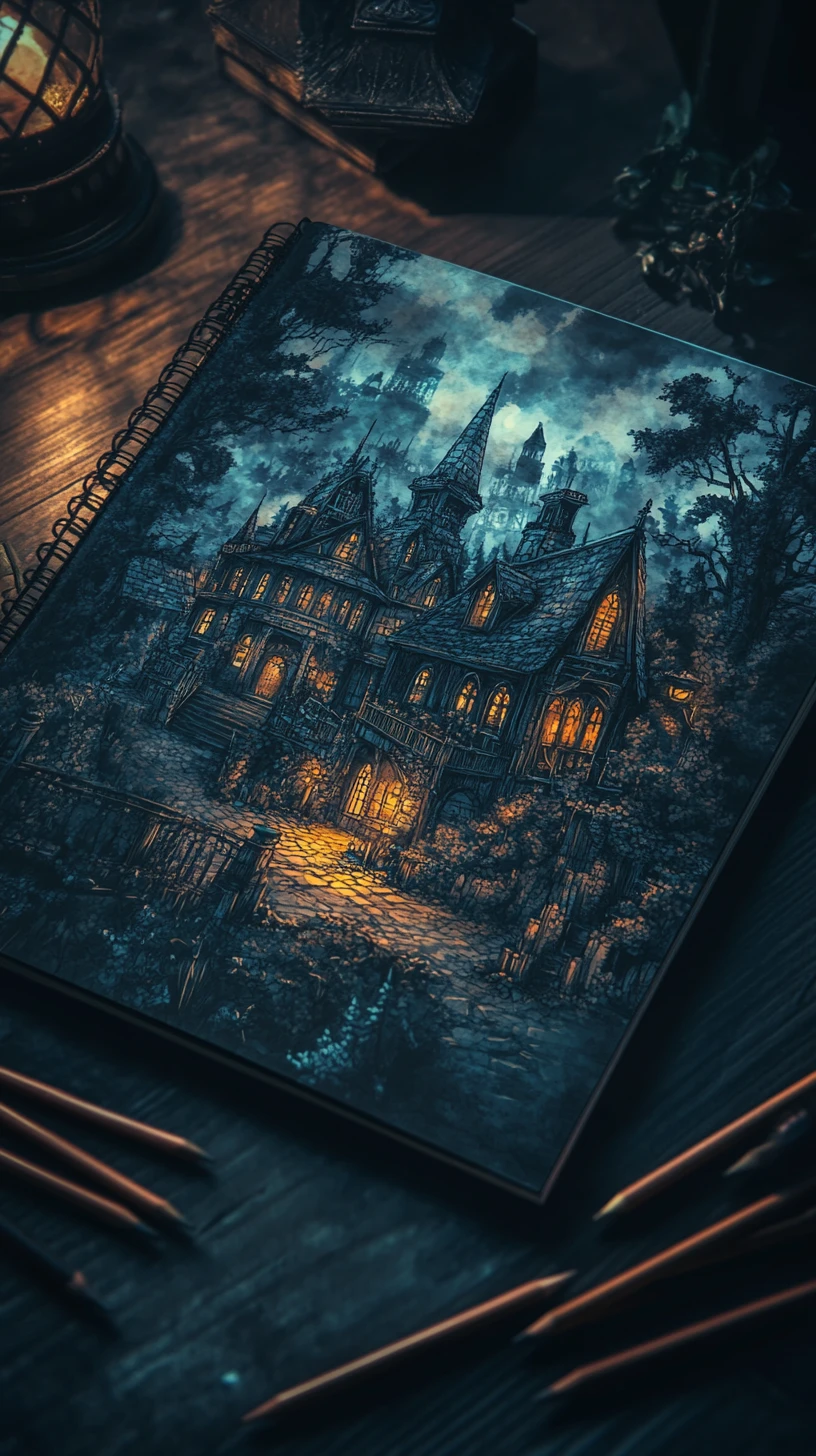 Horror Coloring Book On Dark Wooden Table With Pencils