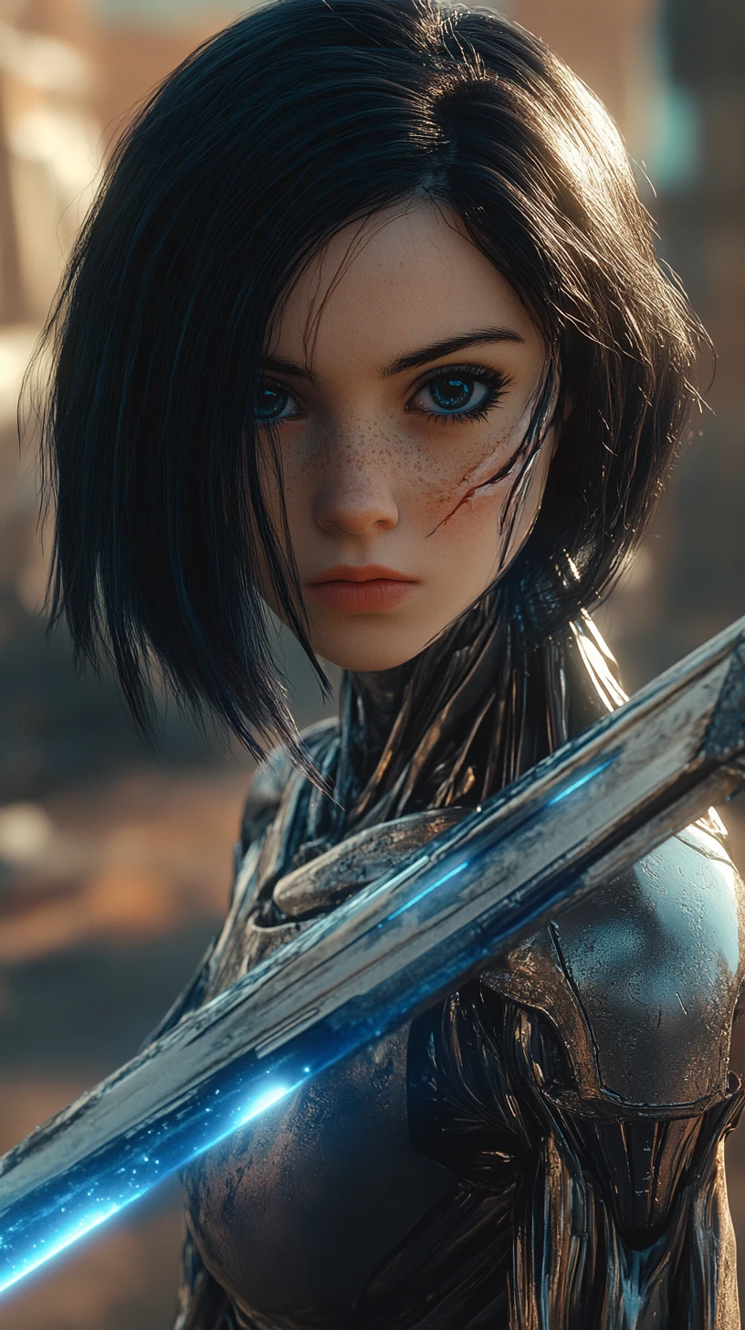 Cybernetic warrior woman with glowing energy sword