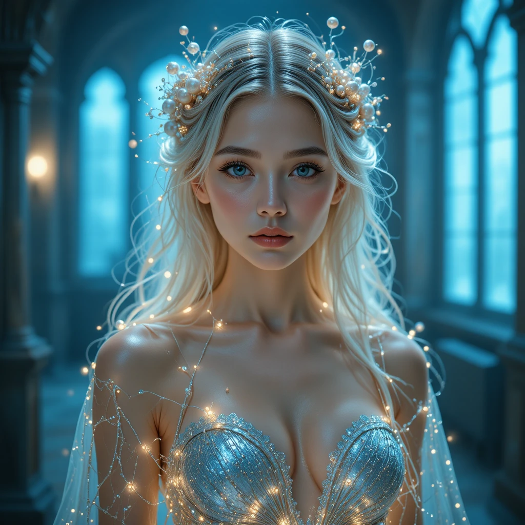 Young woman with glowing orbs in a shimmering silver dress