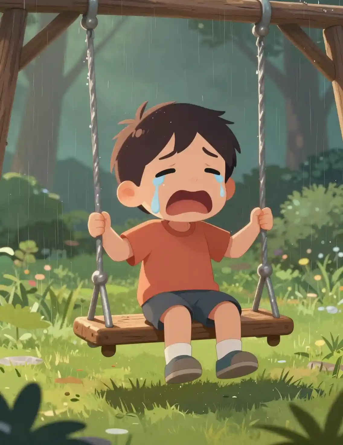 Niño llorando en columpio de madera en un parque verde y soleado