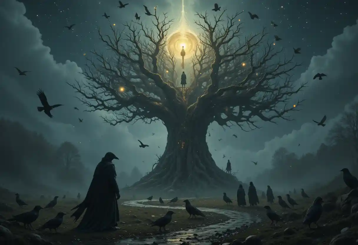 Ravens Encircling A Mystical World Tree In Moonlit Mist