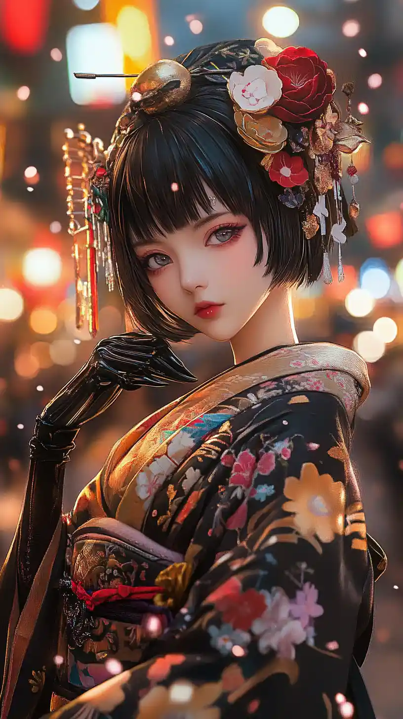 Heroína de anime tímida em quimono floral na rua de flores de cerejeira