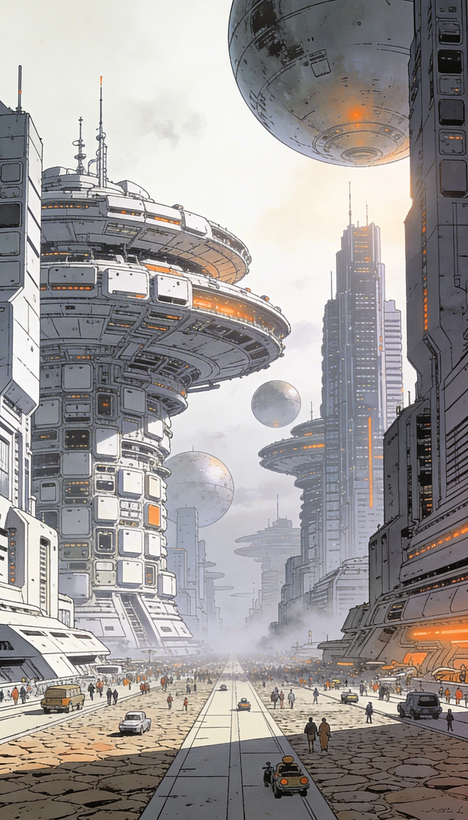 Vast retrofuturistic cityscape with towering metallic megastructures