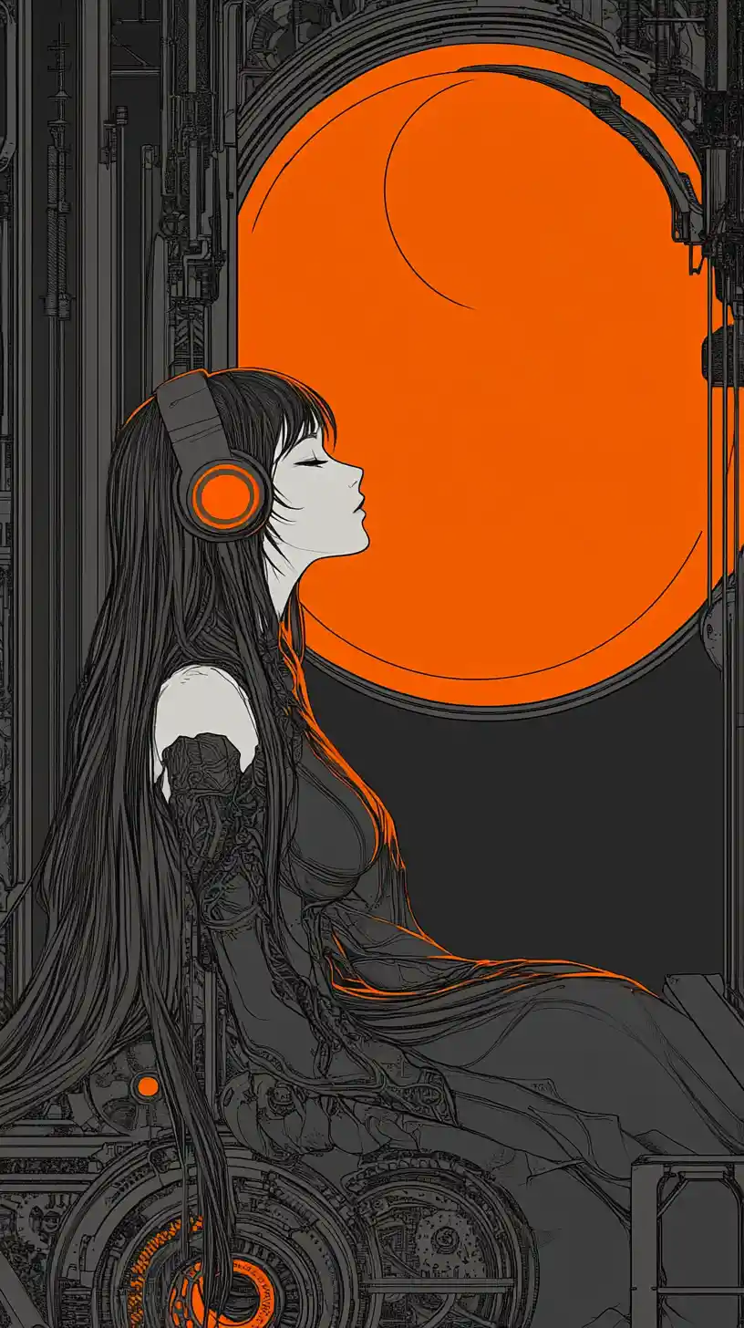 Young woman amid clockwork gazing toward sun and moon