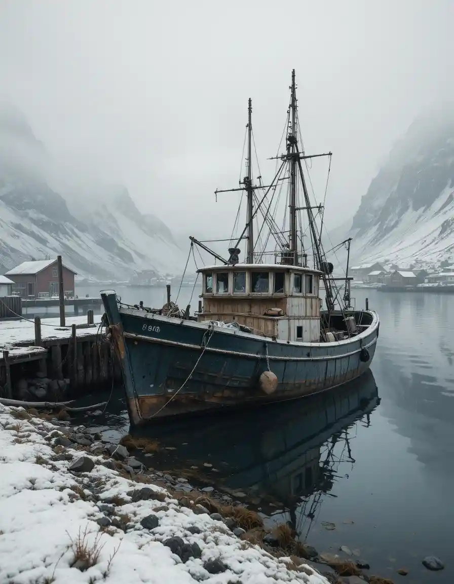 Old fishing boat in a misty arctic harbor at dusk