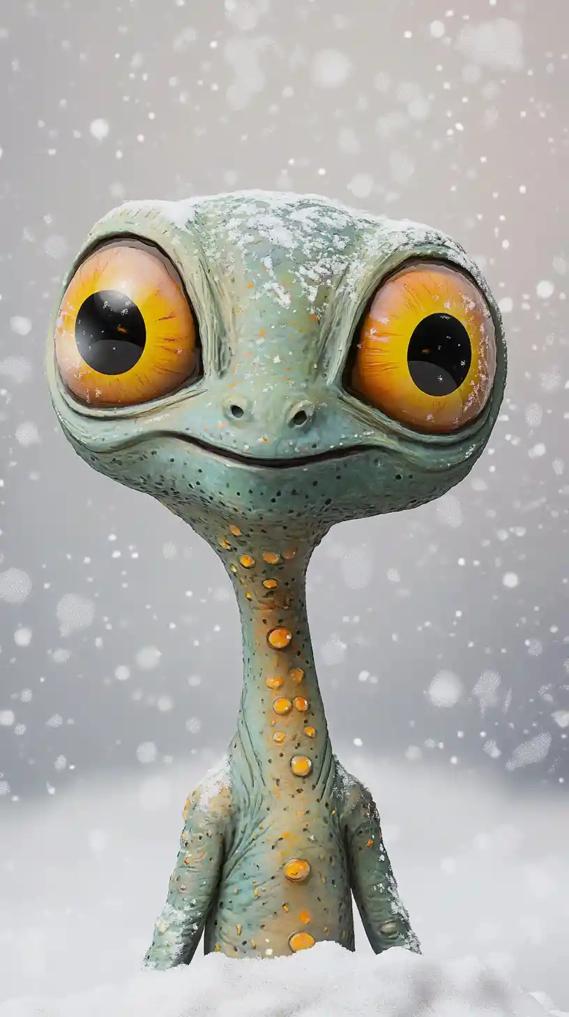 Cute alien with glowing eyes on a snowy landscape