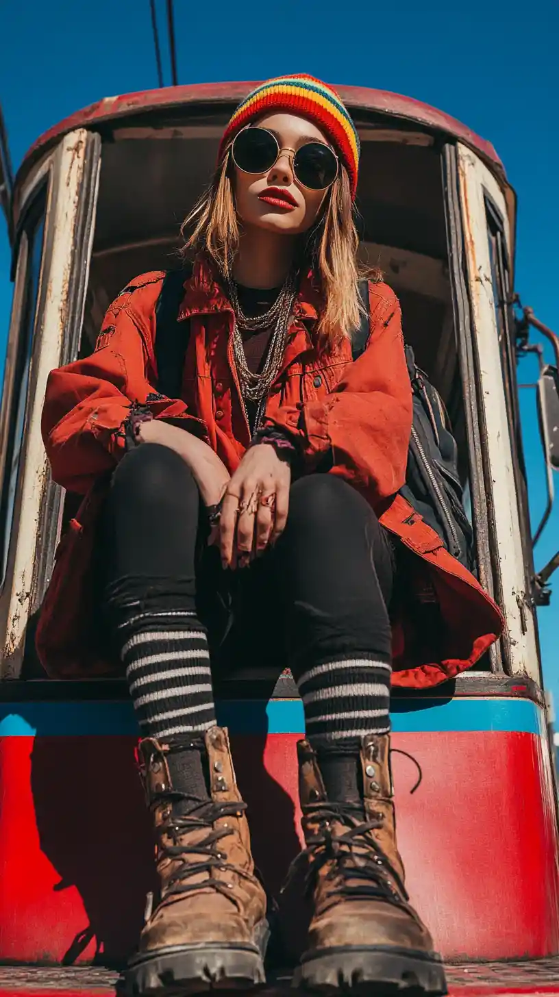 Stylish woman on vintage tram under clear blue sky