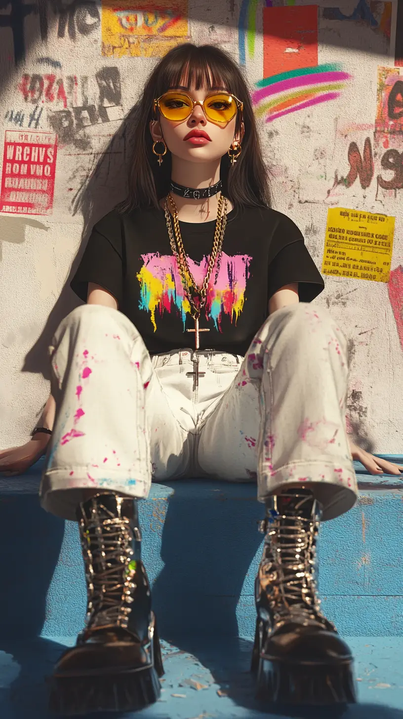 Stylish woman in paint splattered outfit against graffiti wall