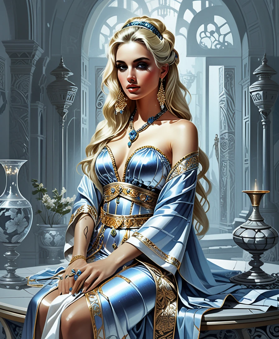 Blonde enchantress at a gilded table in a royal villa