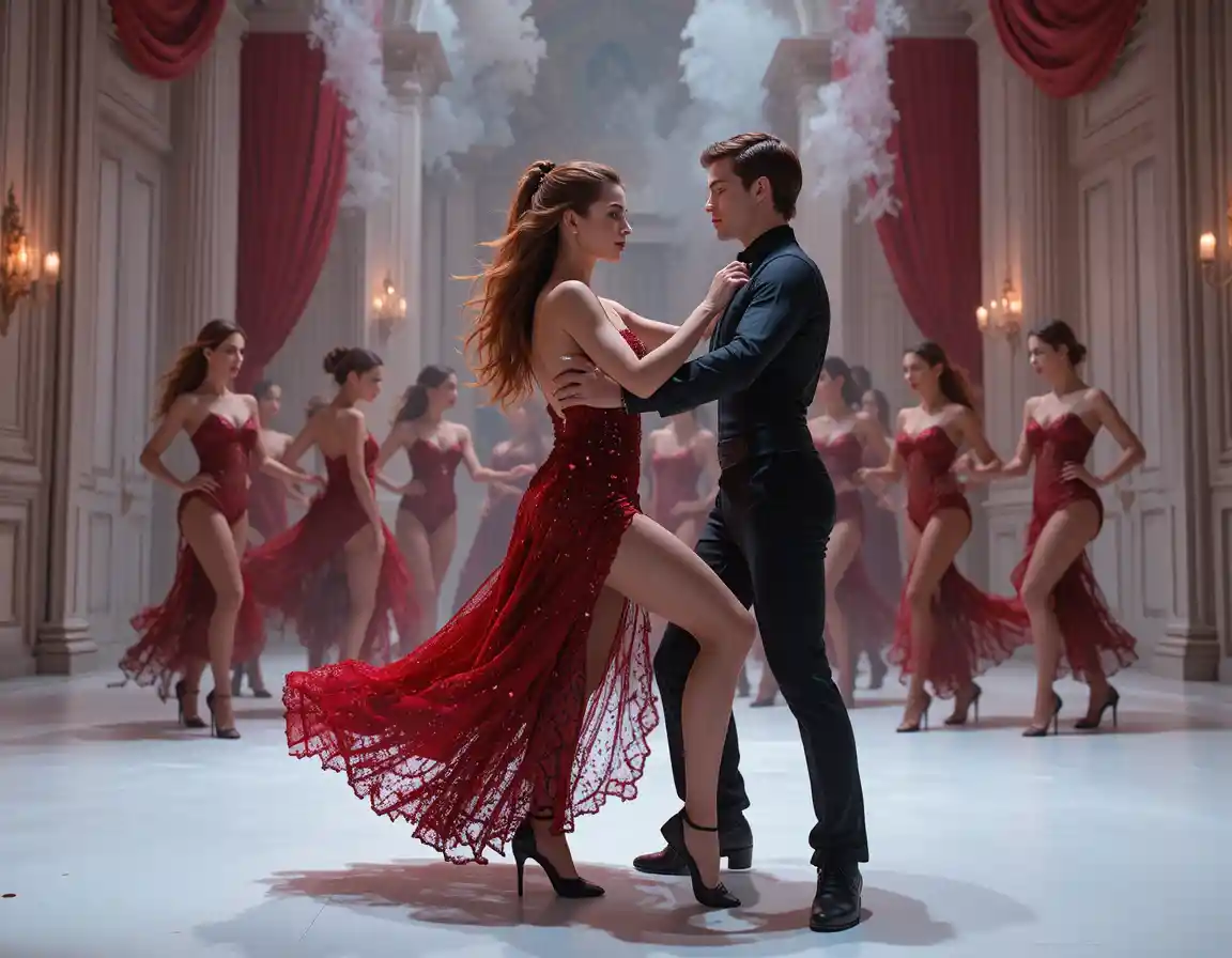 Passionate couple dancing on a vibrant theatrical stage