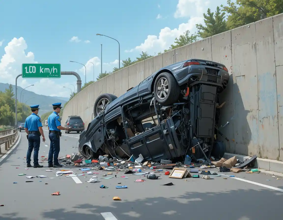Overturned black car crash on busy highway scene