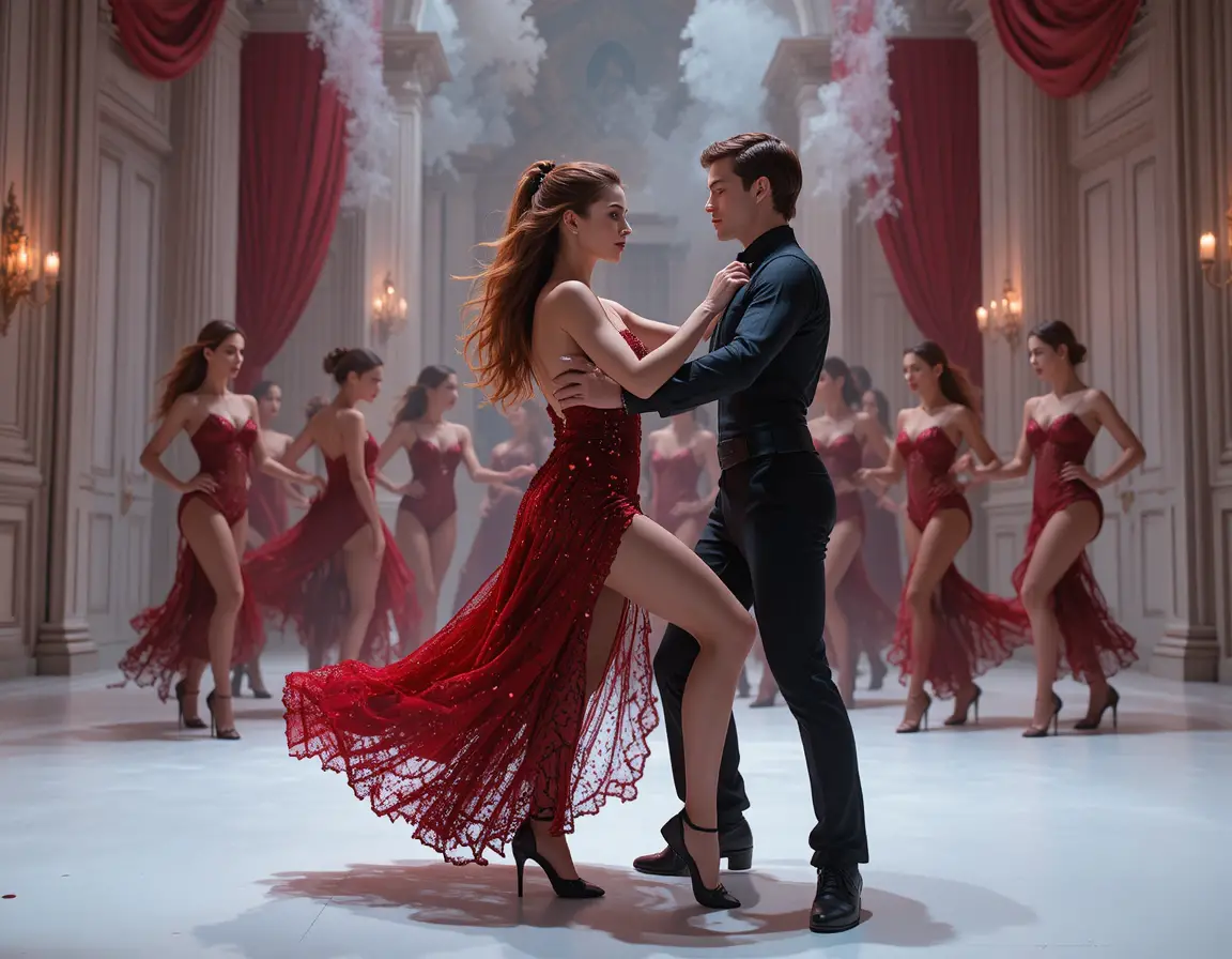 Passionate couple dancing on a vibrant theatrical stage