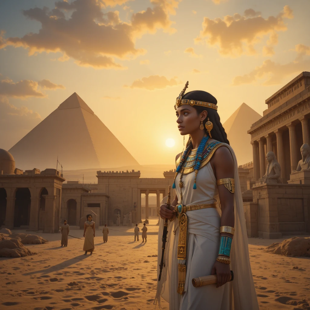 Mujer egipcia regia ante las pirámides al atardecer dorado del desierto
