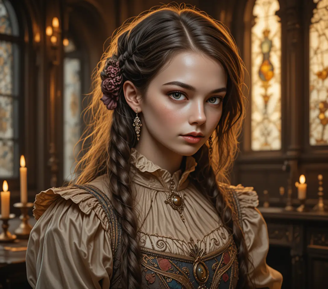 Elizabethan woman in ruffled collar by warm candlelight