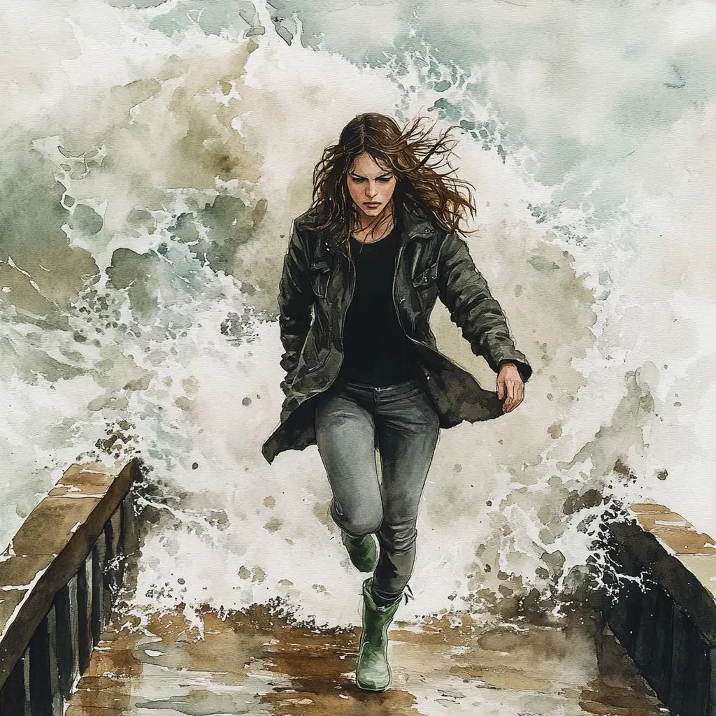 Mujer con impermeable verde apresurada por un muelle costero en plena tormenta