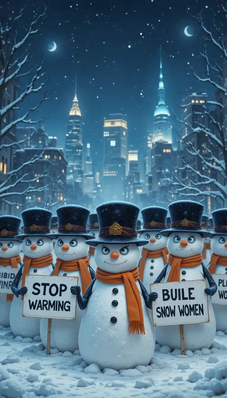 Angry snowmen protest in front of a glowing city skyline
