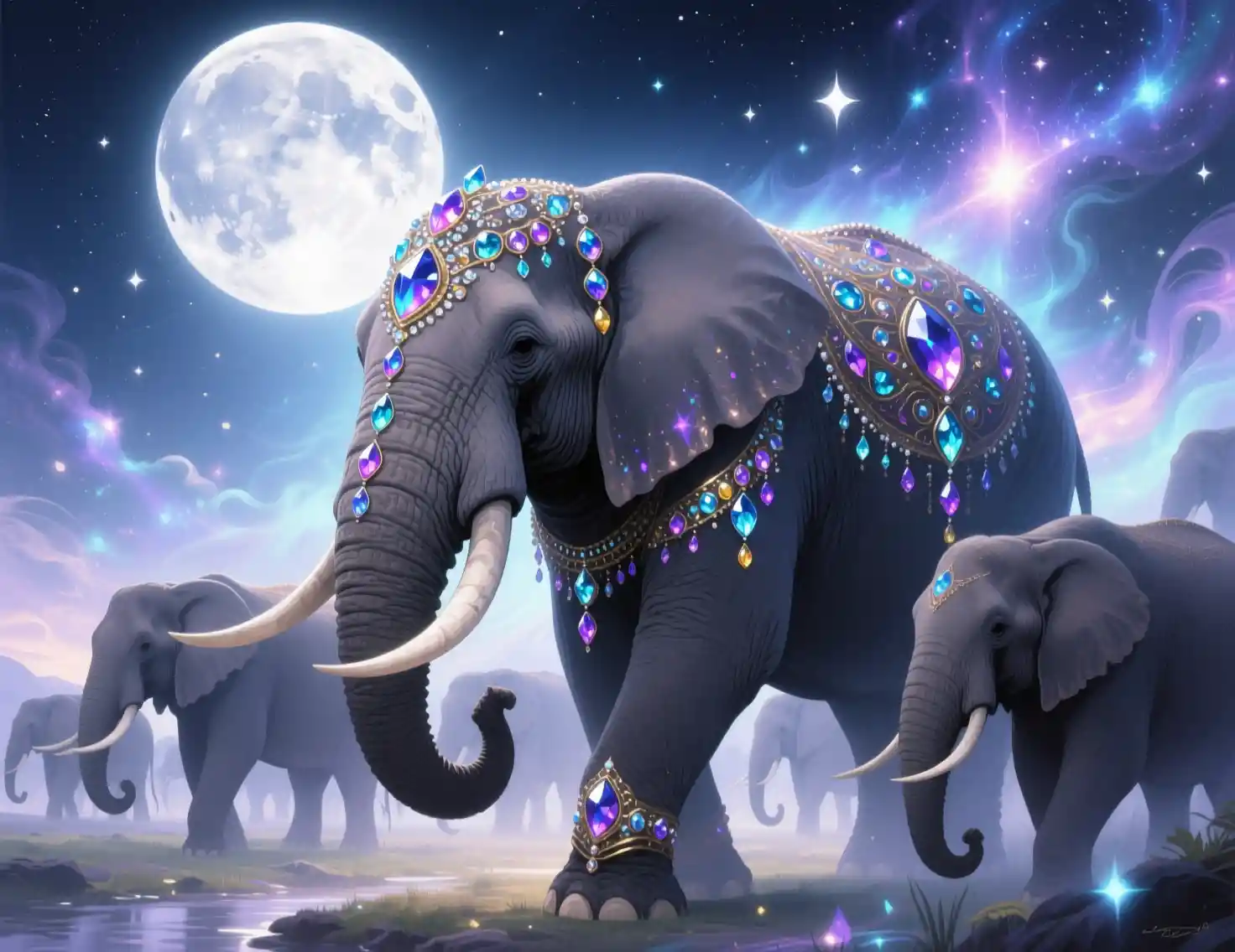 Majestic jeweled elephant matriarch glowing in moonlight