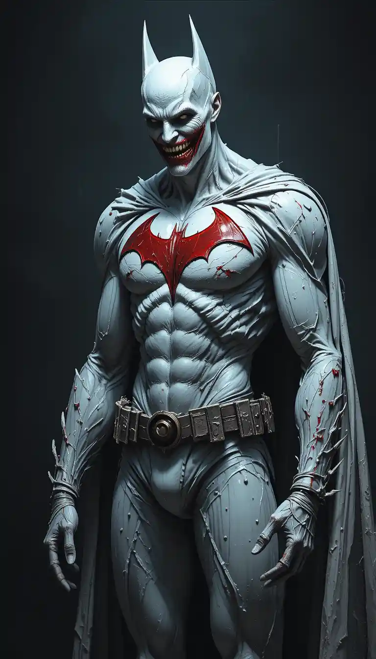 Twisted pale superhero with bloody bat emblem in darkness