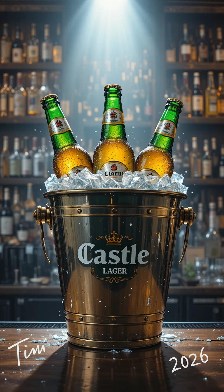 Ice bucket of beer bottles on a glowing bar counter