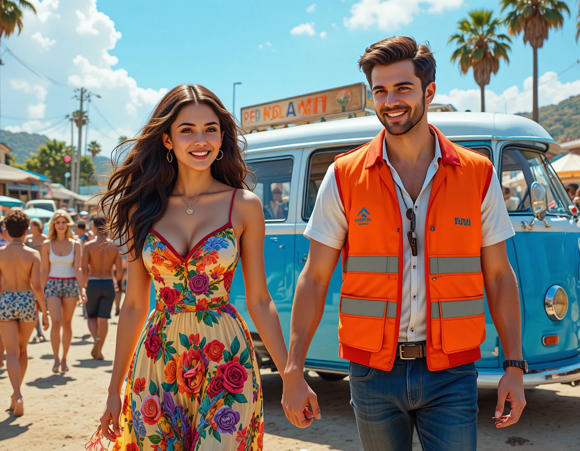 Smiling couple walking hand in hand by a blue van