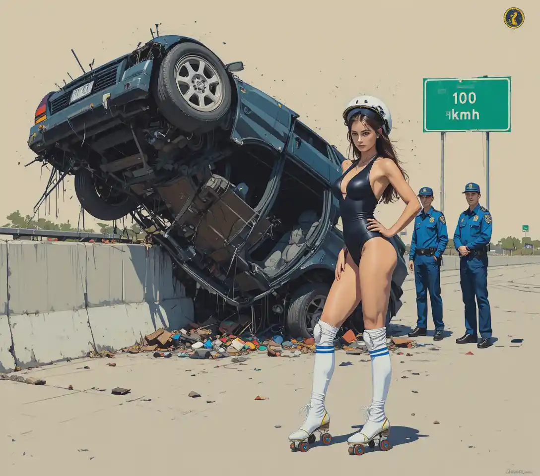 Auto nera ribaltata e distrutta su una barriera autostradale in cemento