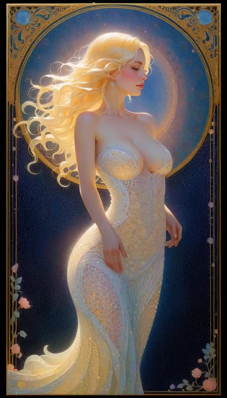 Ethereal woman rendered in delicate luminous pointillist dots