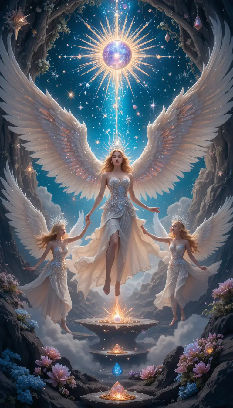 Magical girls playing among heavenly jewels and light