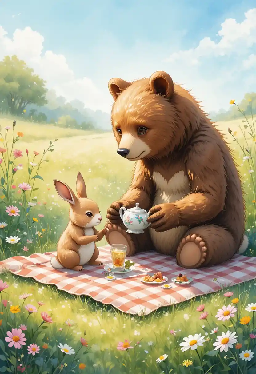 Bear And Rabbit Tea Party In A Sunny Meadow