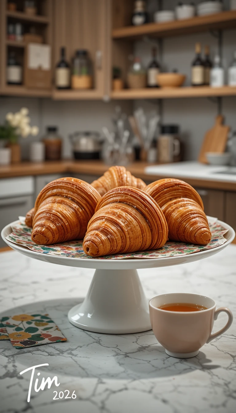 Cruasanes de chocolate en plato blanco con té humeante
