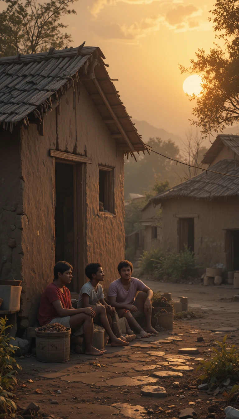 Pequeña casa de barro en una aldea india al atardecer