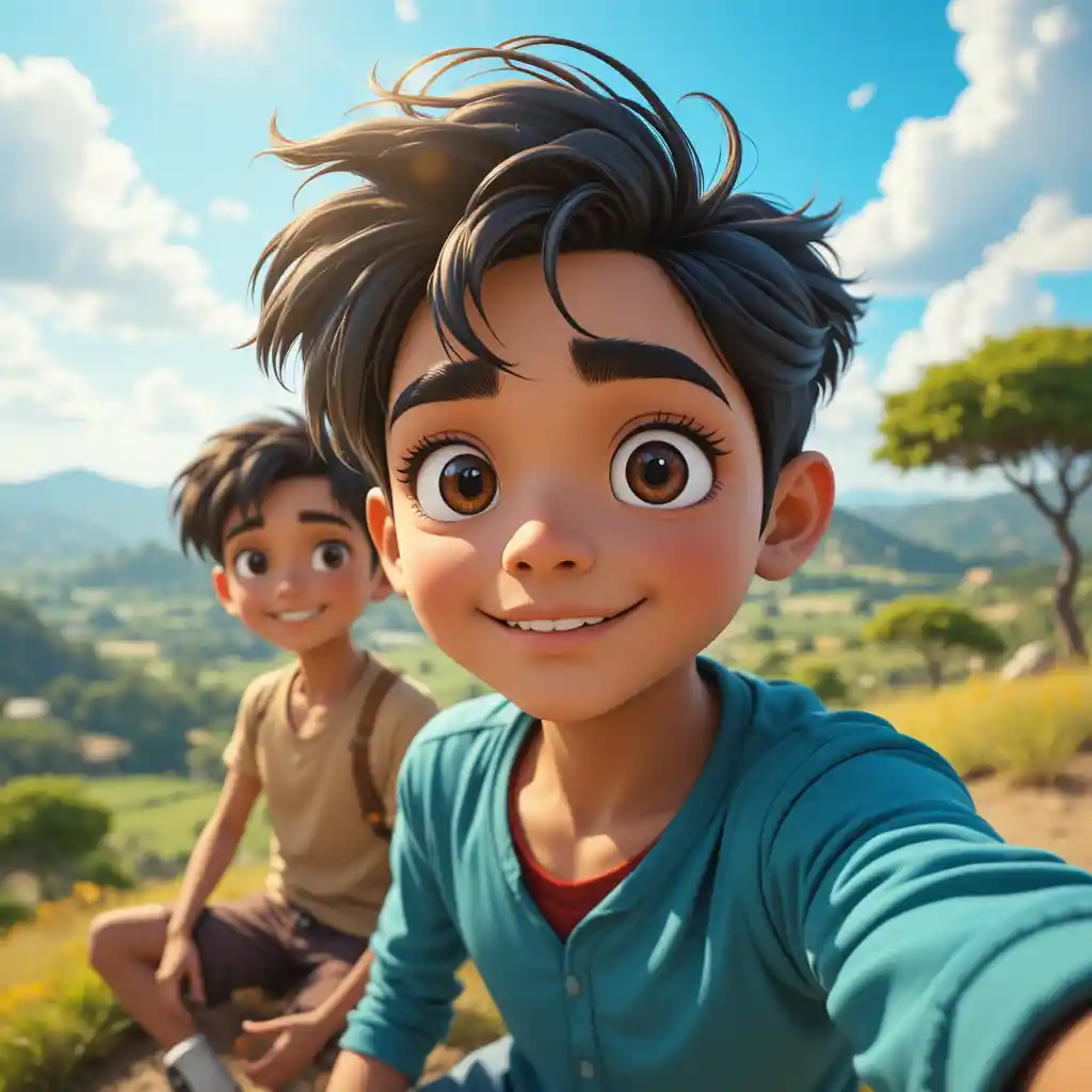 Young boy with friends on a sunny countryside hilltop