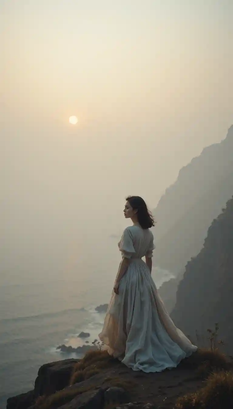 Mulher em vestido vintage em penhasco marítimo enevoado ao anoitecer
