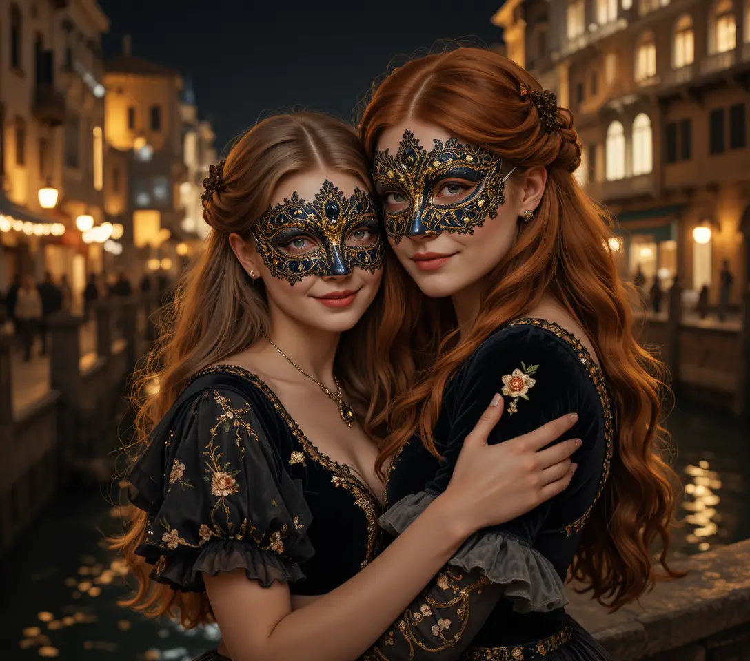 Masked woman and girl embracing at a medieval night carnival