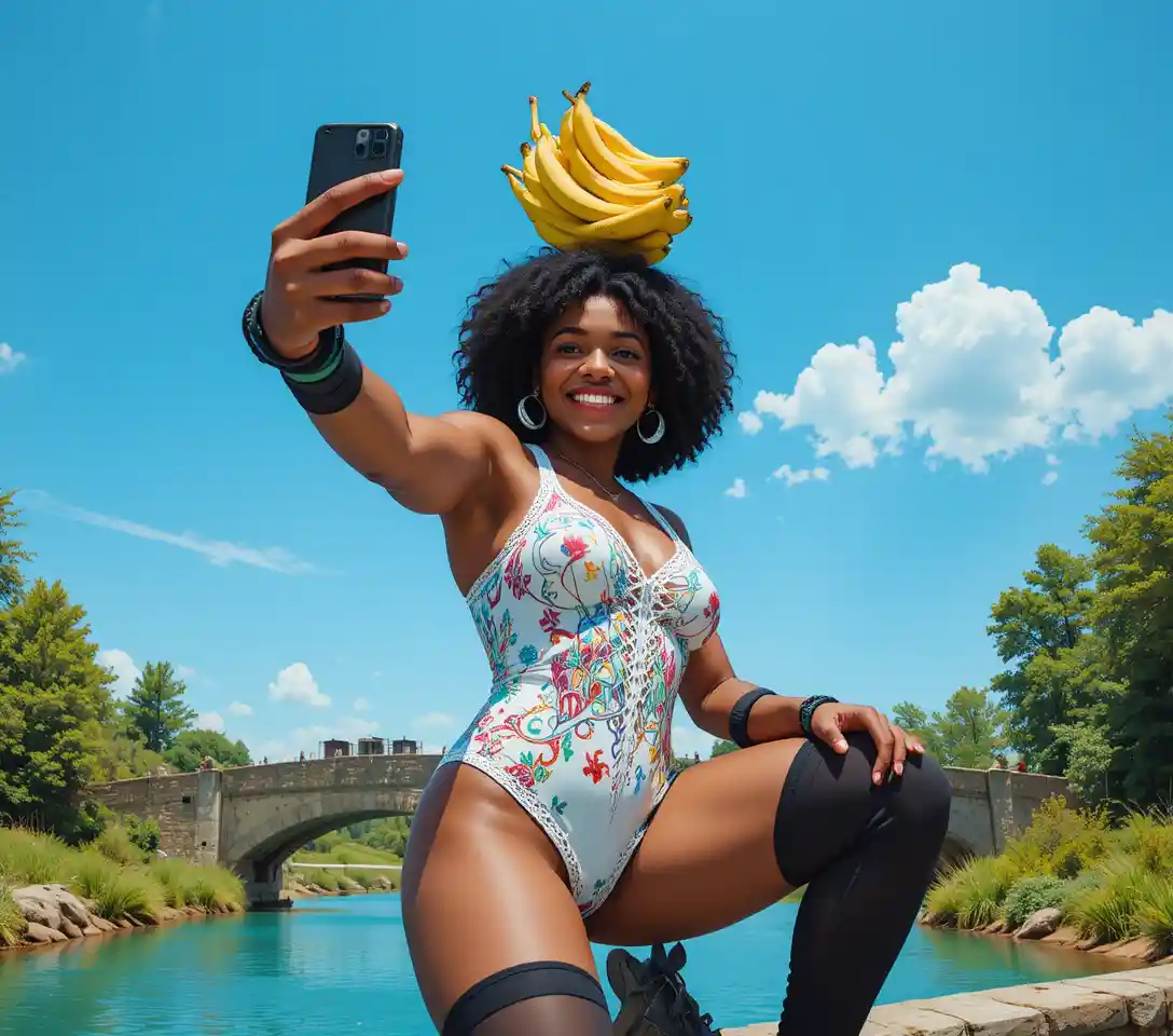 Smiling bearded man taking a selfie by emerald river