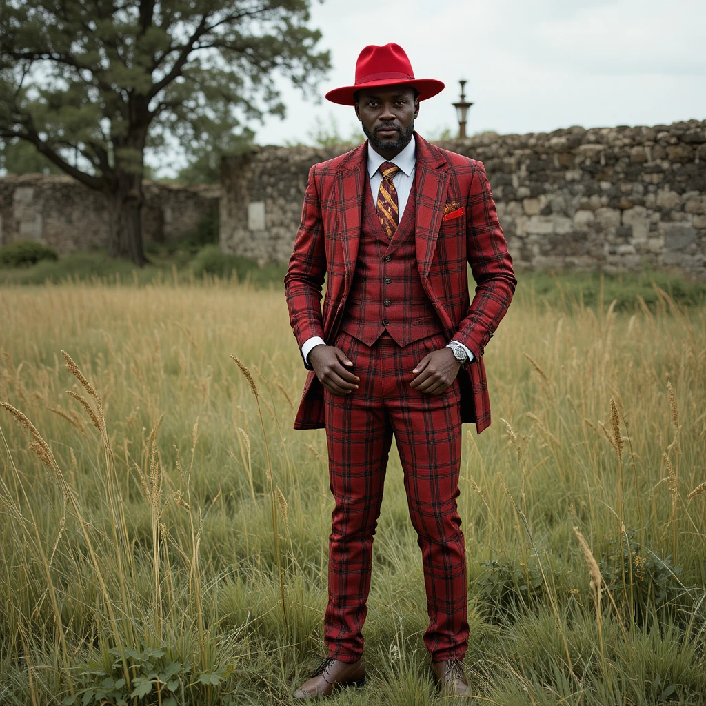 Confident man in red plaid suit in grassy field